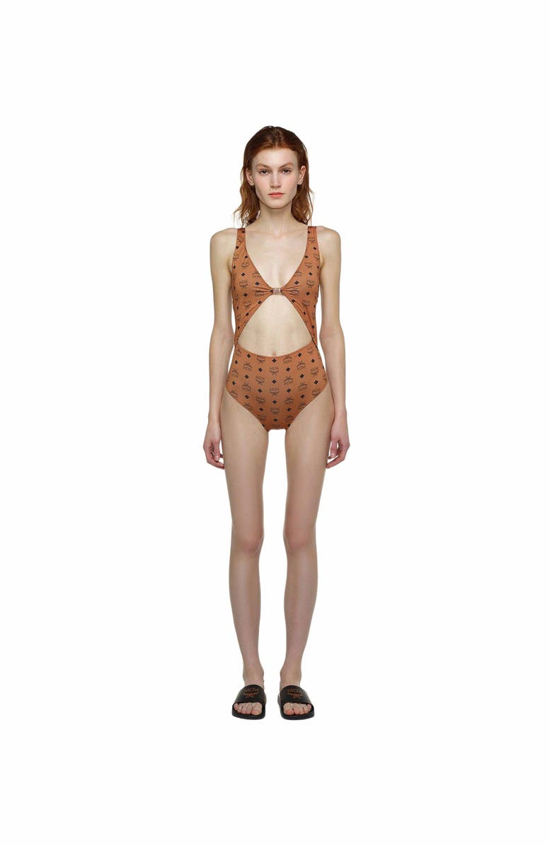MCM Monogram Print Swimsuit, Main, color, Cognac