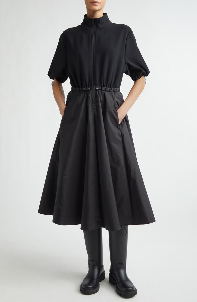 Moncler Mixed Media Technical Midi Shirtdress, Main, color, Black