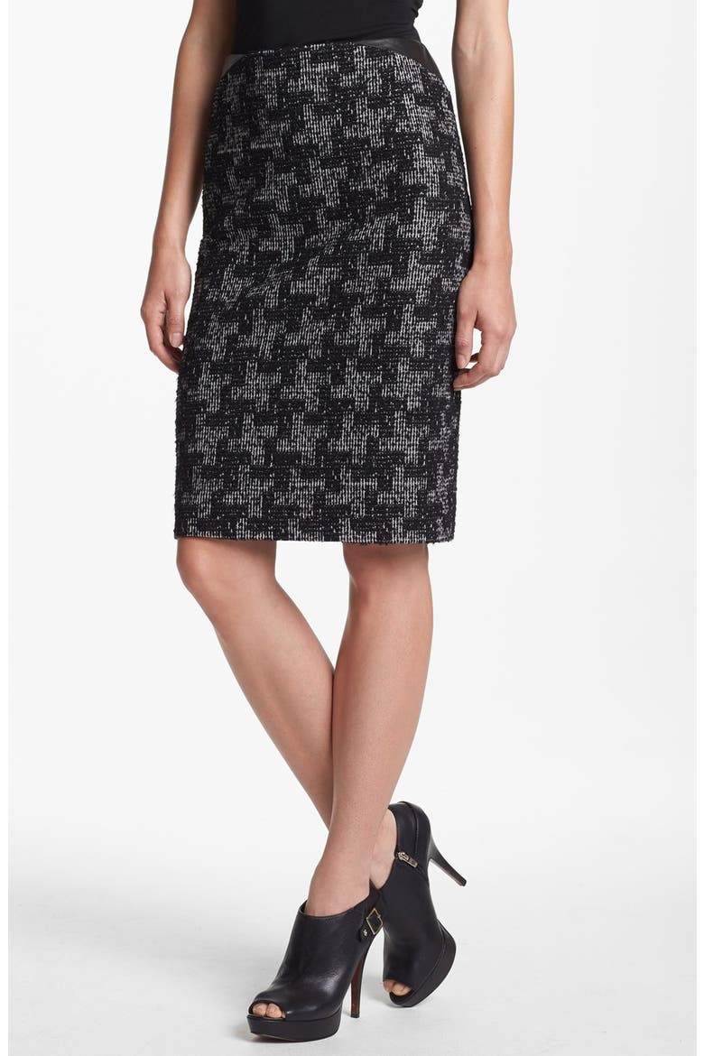 Leather Trim Jacquard Pencil Skirt, Main, color, BLACK MULTI