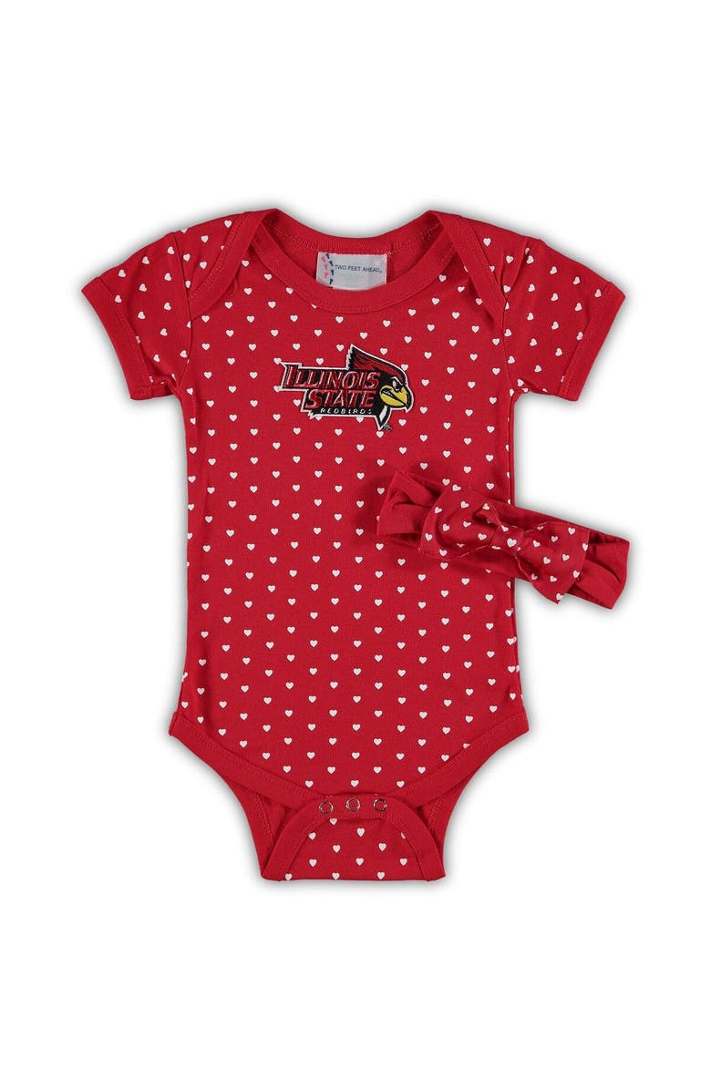 TWO FEET AHEAD Girls Infant Red Illinois State Redbirds Hearts Bodysuit & Headband Set, Main, color, 