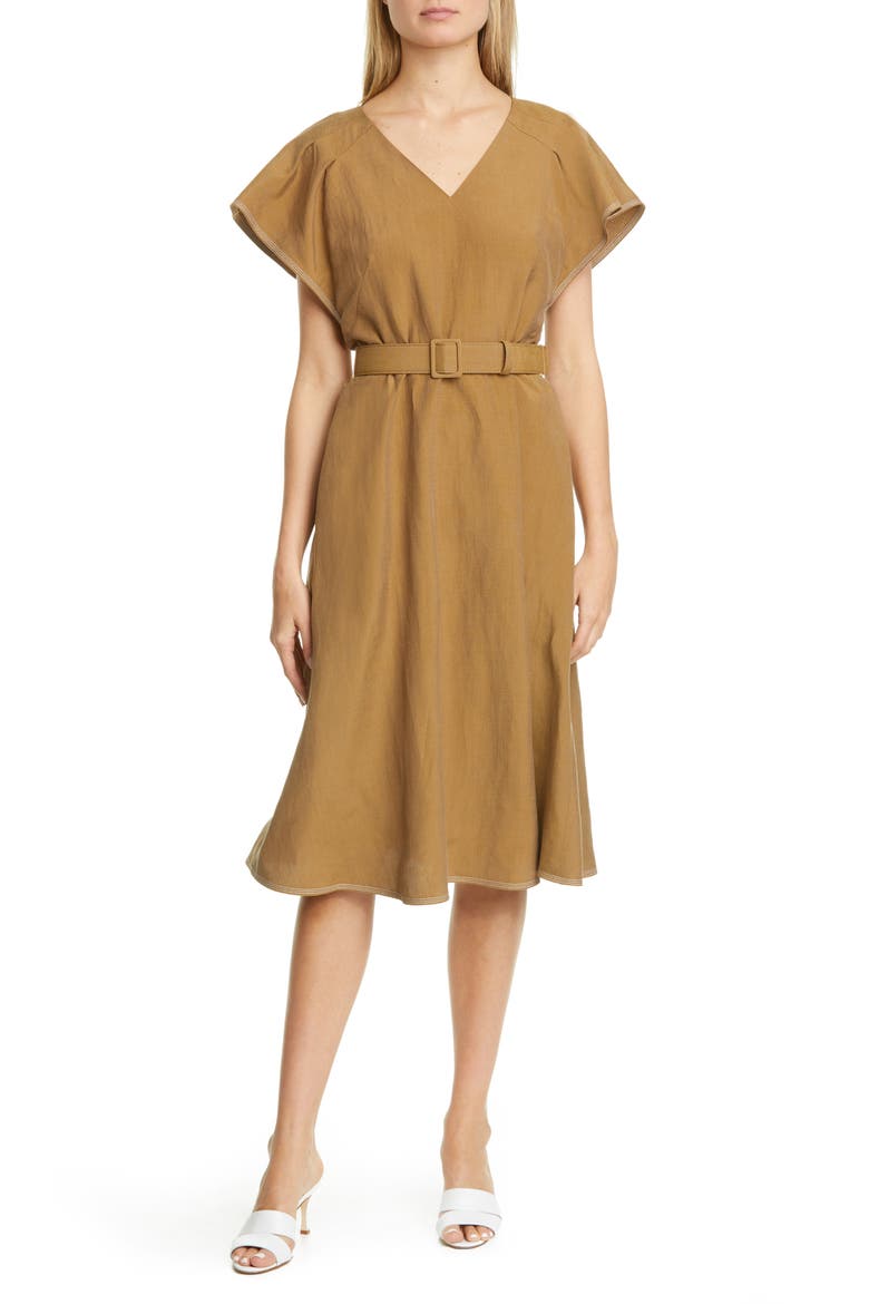 Kline Belted Silk & Linen Midi Dress, Main, color, SHIITAKE