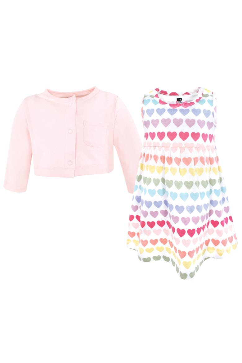Two-Piece Cotton Dress and Knit Cardigan Set, Alternate, color, Cascading Hearts
