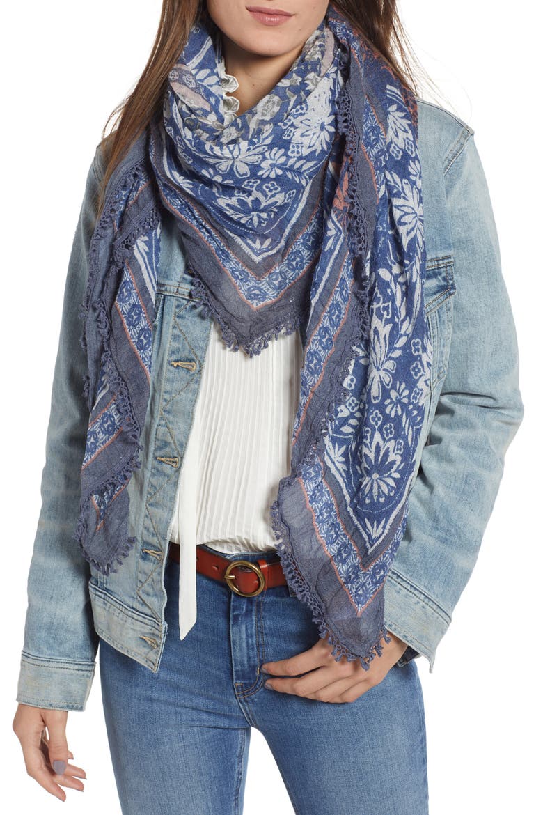 Floral Fringe Scarf, Main, color, BLUE MARCHE VINTAGE
