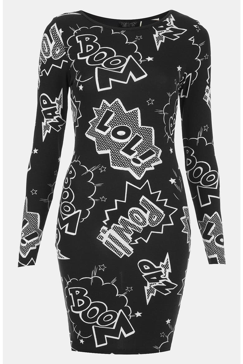 Comic Book Print Body-Con Dress, Main, color, BLACK