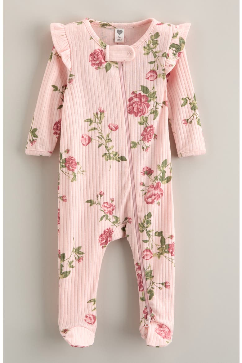 Ruffle Cotton Blend Rib Footie, Main, color, PINK DOGWOOD MOOD FLORAL