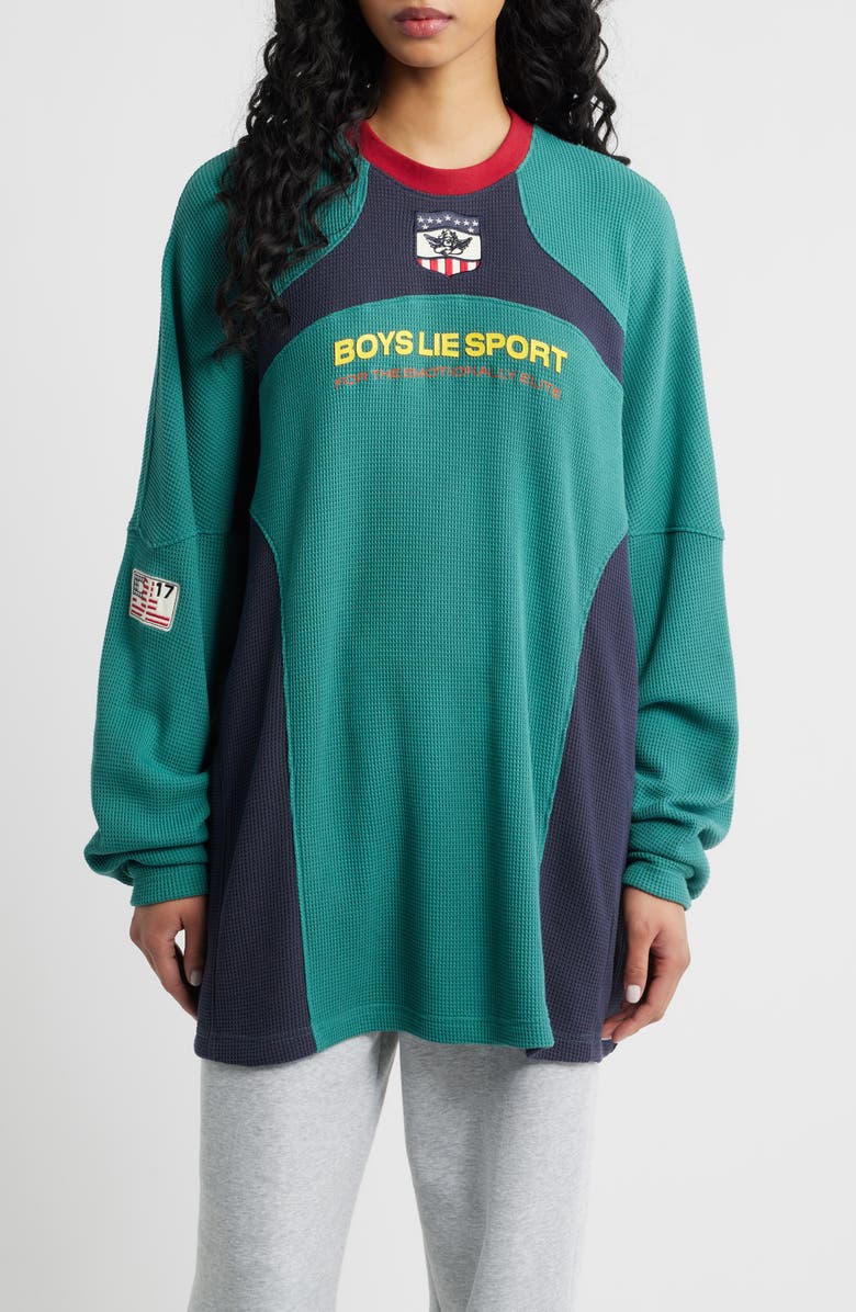 BOYS LIE Emotional Support Staff Longline Waffle Knit Pullover, Main, color, Green