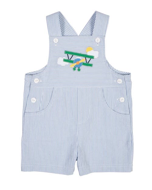 Florence Eiseman Babies' Seersucker Shortall With Airplane In Blue