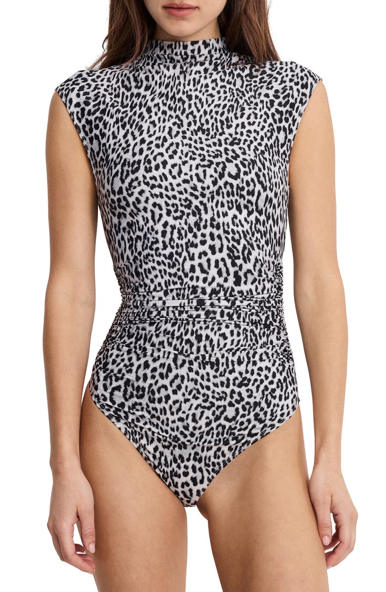 Good American Weightless Mock Neck Bodysuit, Alternate, color, Black And Grey Leopard