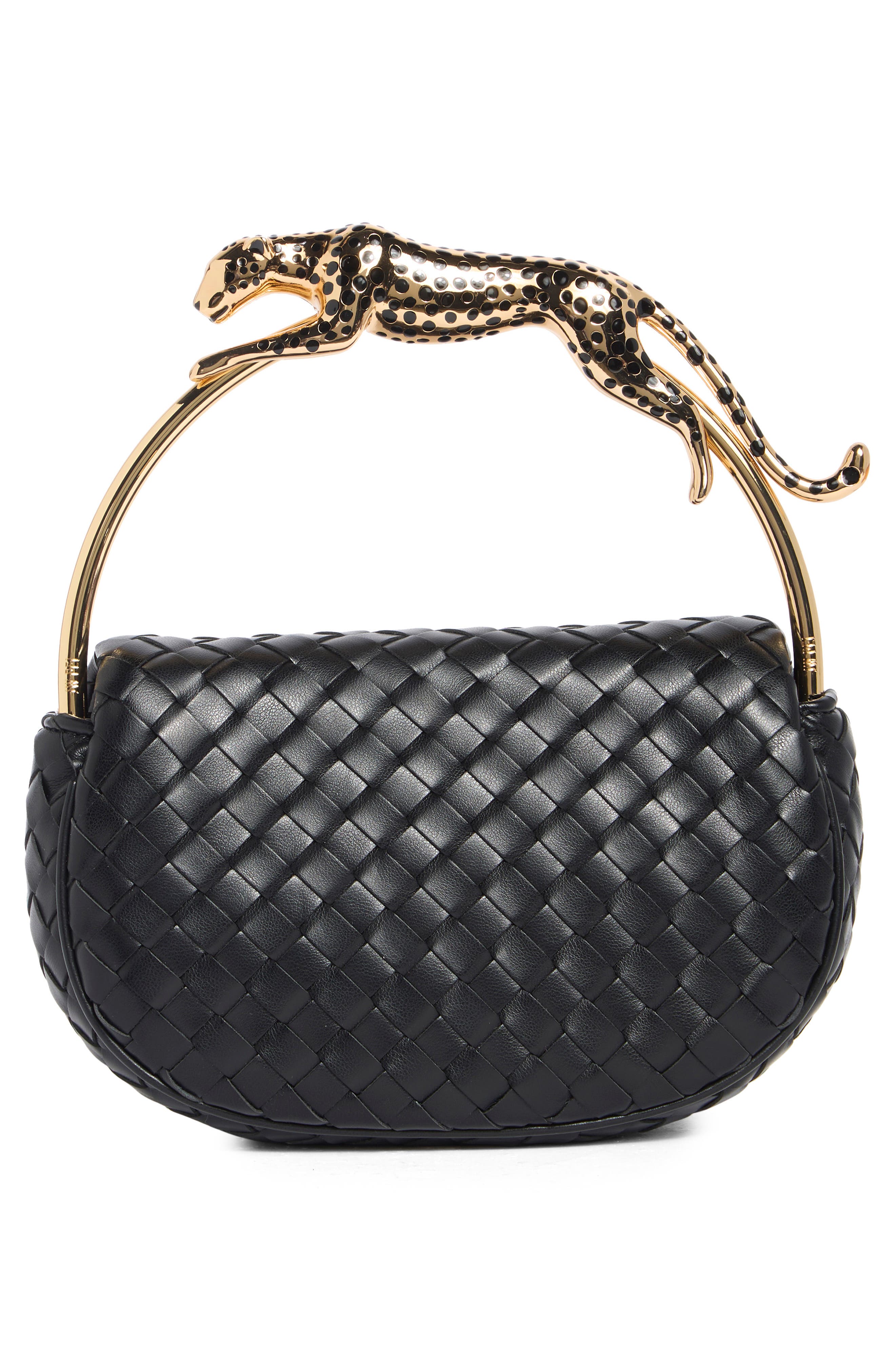 Ione Leopard Shaped Hardware Woven Clutch, Alternate, color, BLACK