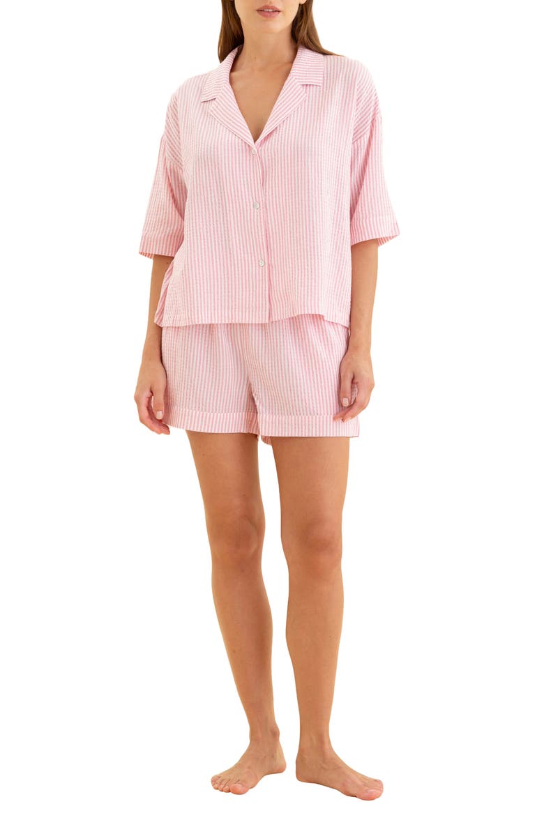 Papinelle Sabine Seersucker Stripe Boxer Short Pajamas, Alternate, color, Wild Rose