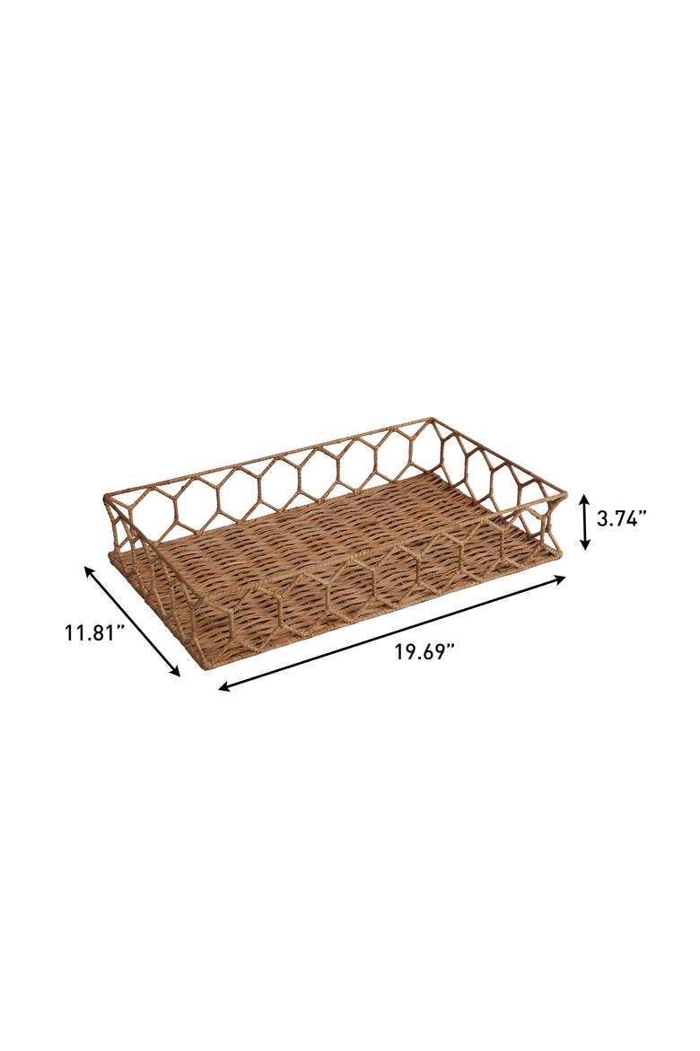 Honeycomb 19.75" Rustic Bohemian Hand-Woven Rattan Tray, Natural, Alternate, color, Light Brown