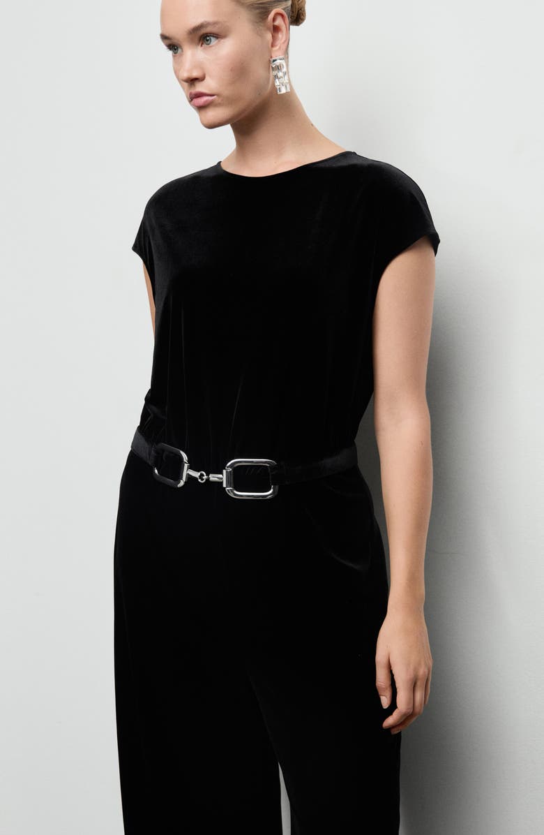 MANGO Belted Velvet Jumpsuit, Alternate, color, Black