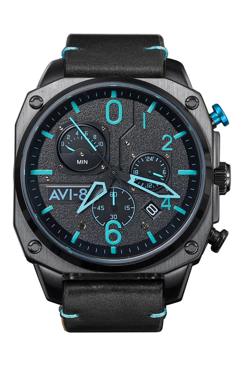 Hawker Hunter Retrograde Chronograph Leather Strap Watch, 45mm, Main, color, BLACK