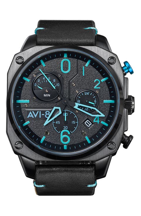 Hawker Hunter Retrograde Chronograph Leather Strap Watch, 45mm