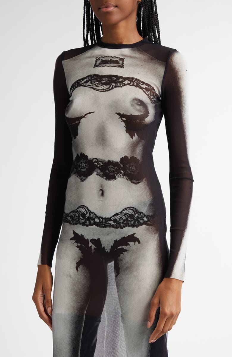 Jean Paul Gaultier Trompe l'Oeil Long Sleeve Mesh Dress, Alternate, color, 