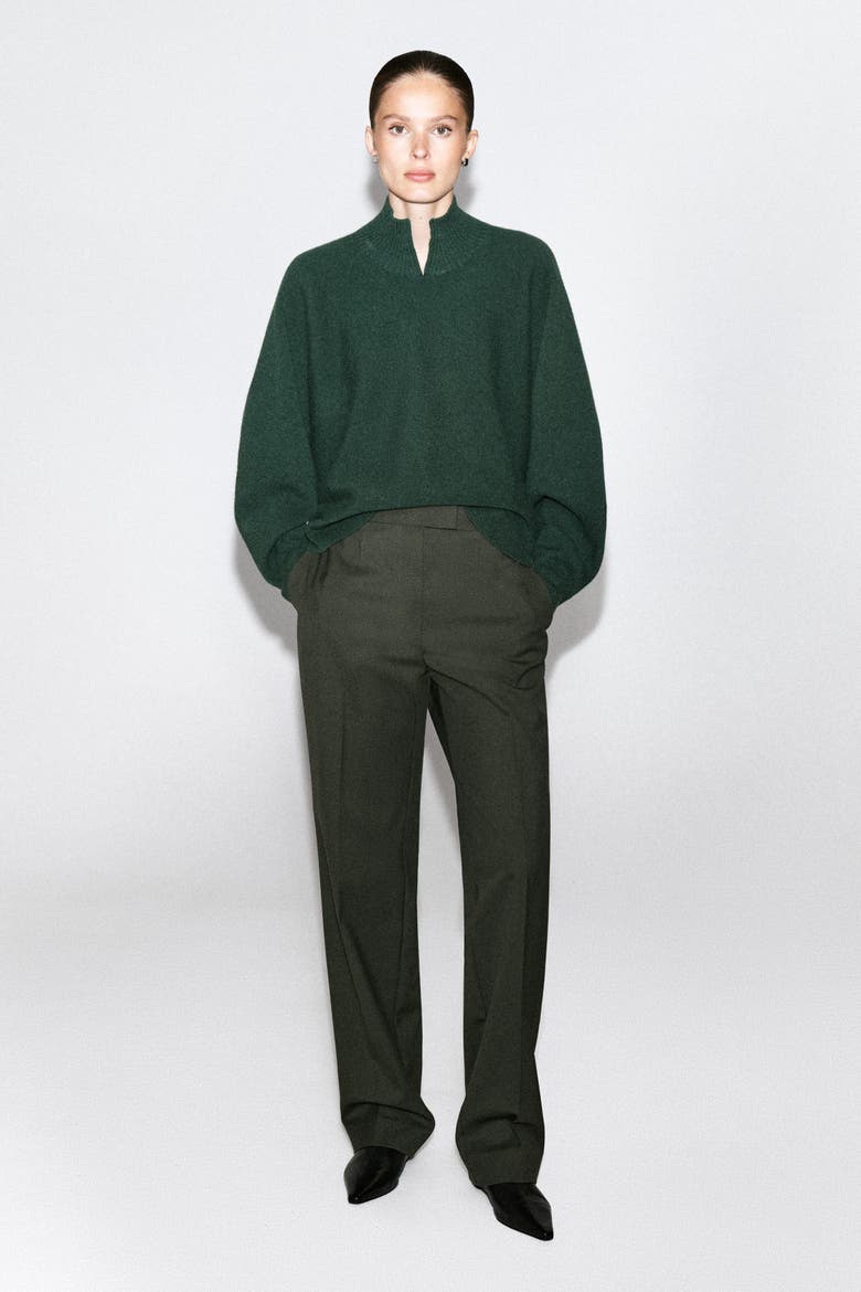 V-Detail Boiled-Wool Mock-Neck Sweater, Alternate, color, FOREST GREEN