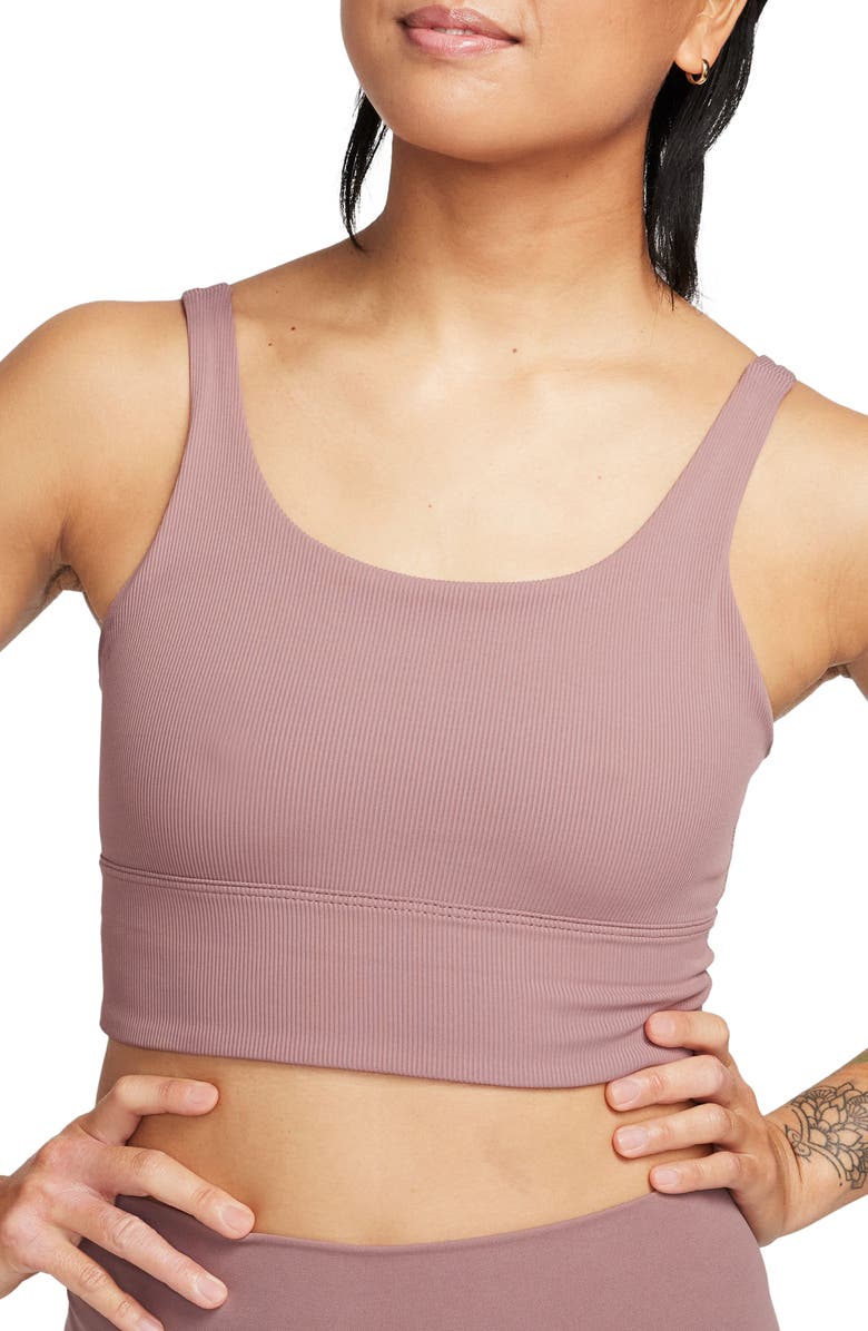 Nike Ribbed Longline Sports Bra, Main, color, Smokey Mauve/ White