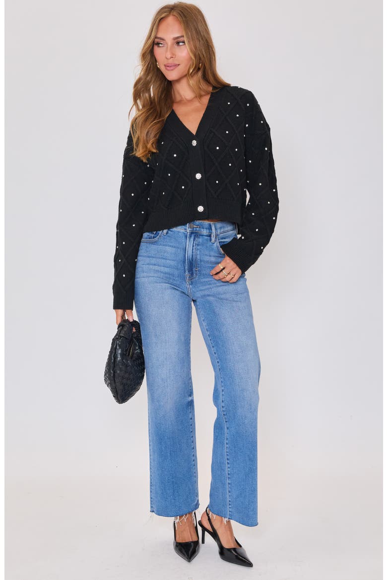 Holiday Shine Rhinestone Diamond Stitch Cardigan, Alternate, color, BLACK