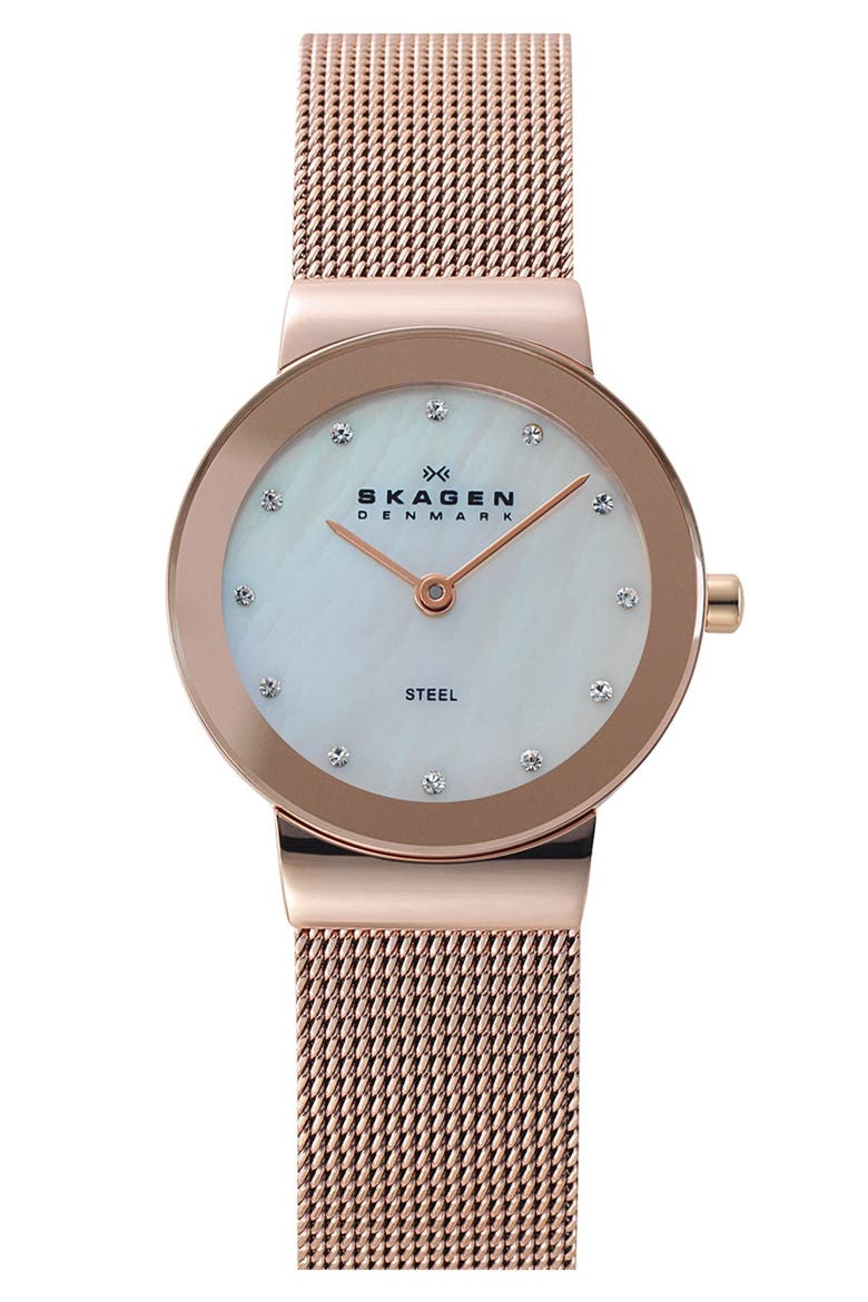 'Freja' Mirror Bezel Mesh Strap Watch, 26mm, Main, color, ROSE GOLD