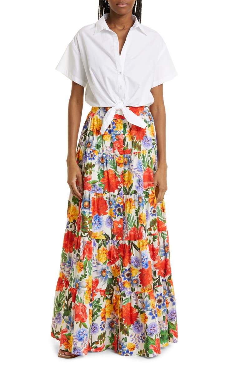 Nathali Floral Cotton Maxi Skirt, Alternate, color, EGRET BLOSSOMS