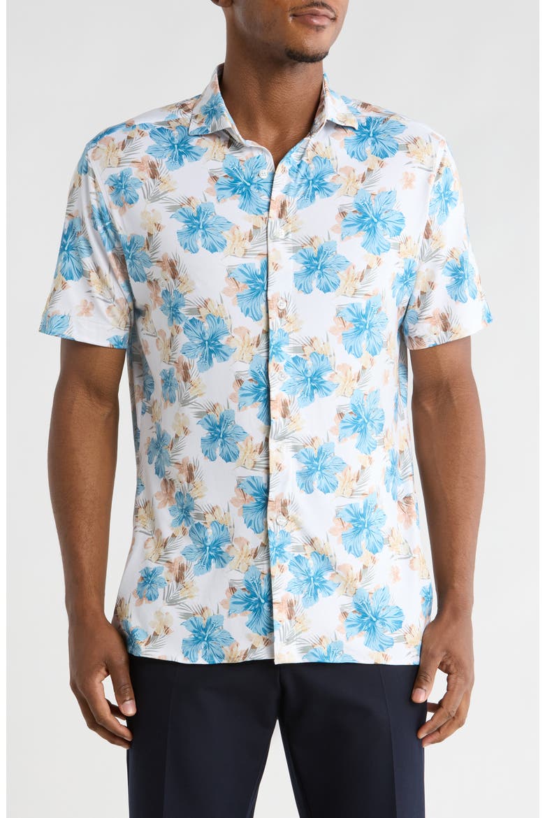 Hibiscus Short Sleeve Button-Up Shirt, Main, color, WHITE