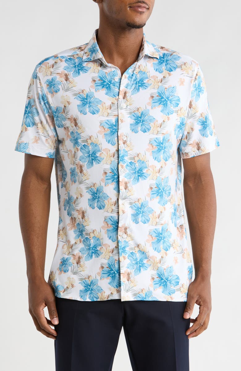 CONSTRUCT Hibiscus Short Sleeve Button-Up Shirt, Main, color, White