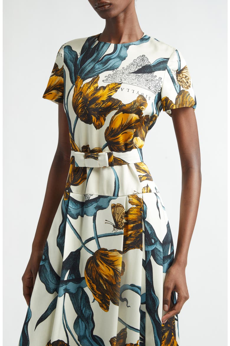 Tulip Print Belted Drop Waist Duchesse Satin Gown, Alternate, color, ETCHED TULIP BRONZE