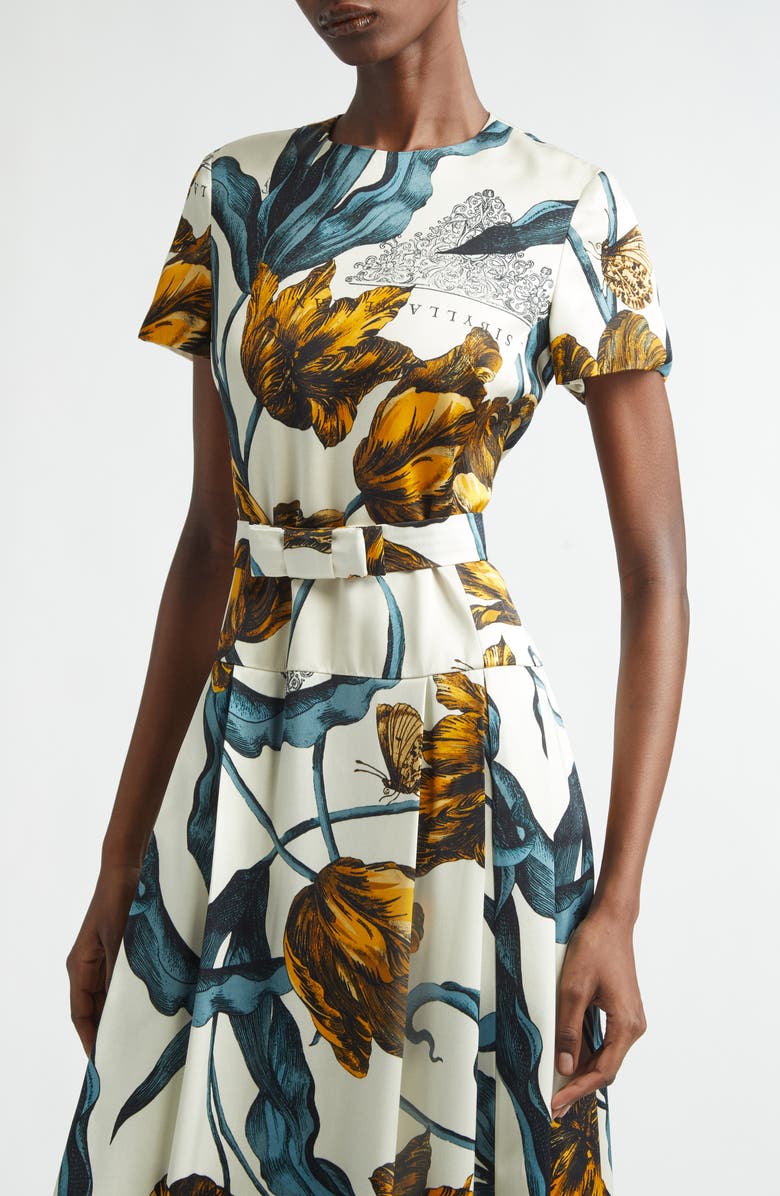 Erdem Tulip Print Belted Drop Waist Duchesse Satin Gown, Alternate, color, Etched Tulip Bronze
