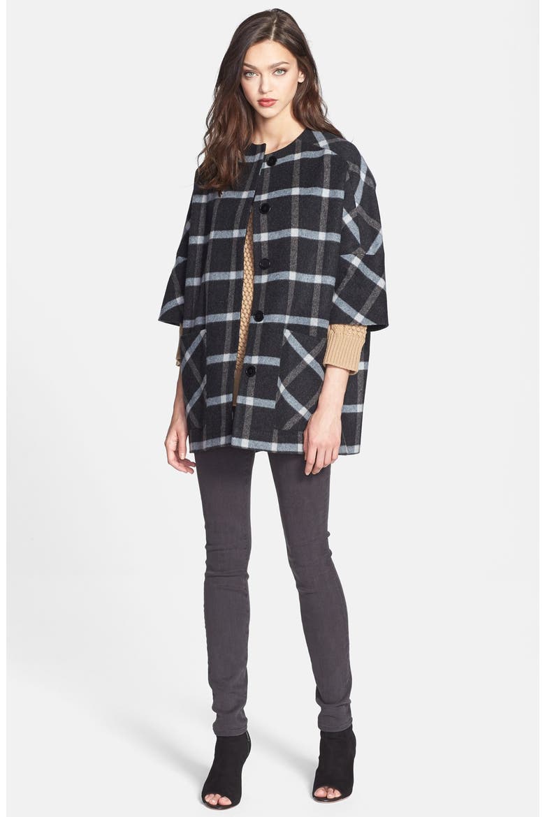 Plaid Wool Blend Coat, Alternate, color, CHARCOAL/ PALE BLUE