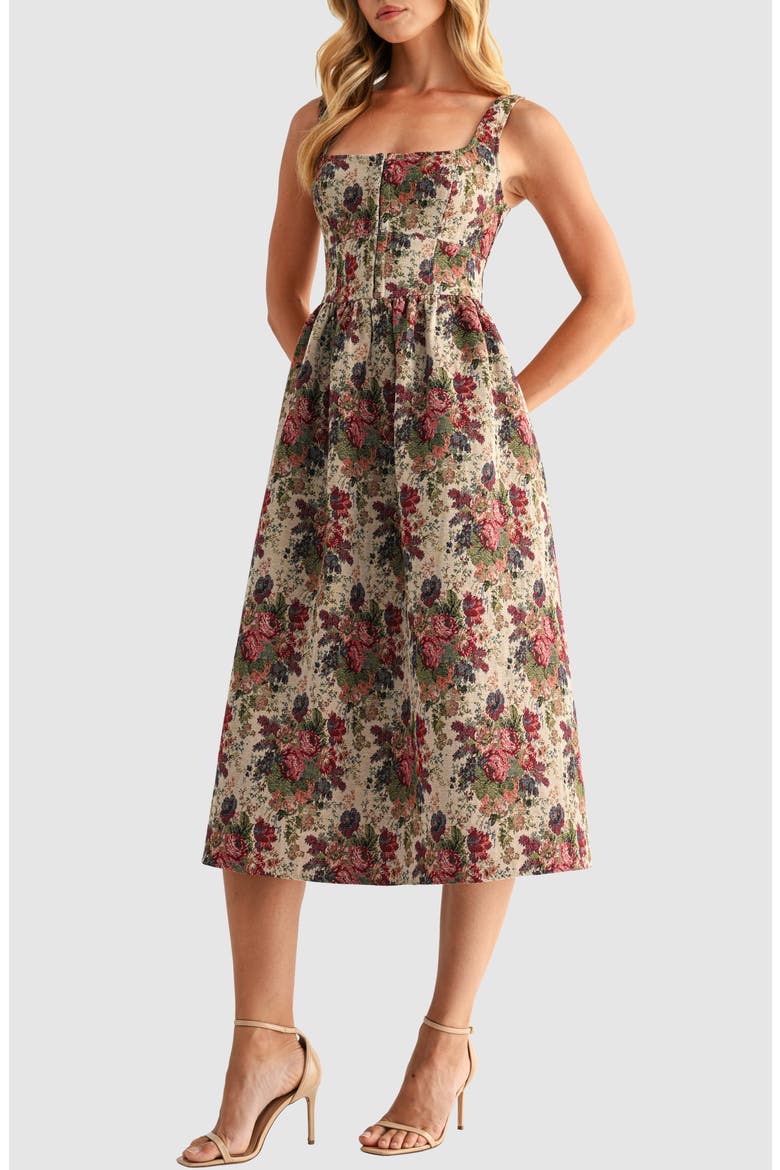Tapestry Corset Fit & Flare Midi Dress, Alternate, color, TAUPE MULTI