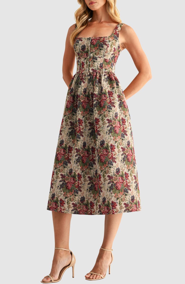 Mila Mae Tapestry Corset Fit & Flare Midi Dress, Alternate, color, Taupe Multi