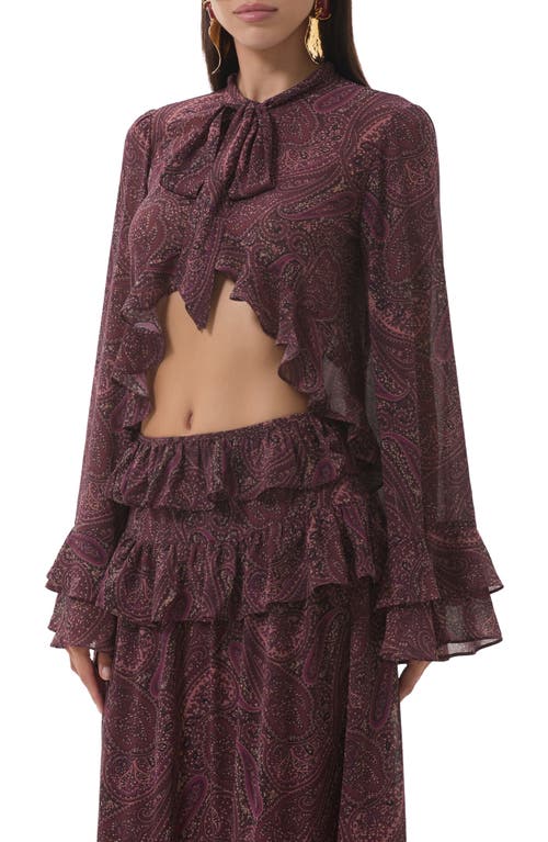 Afrm Aldora Paisley Bell Sleeve Crop Top In Burgundy