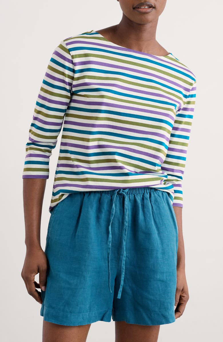 Seasalt Cornwall Sailor Stripe Three Quarter Sleeve Organic Cotton T-Shirt, Main, color, Tri Mini Cornish Pansy