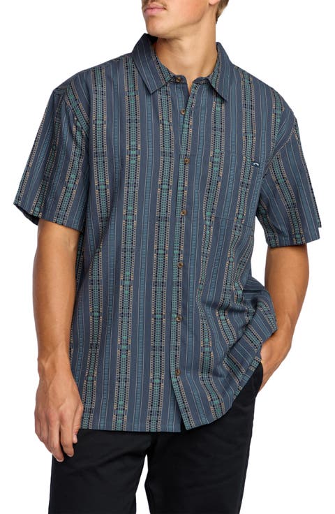 Sundays Stripe Jacquard Short Sleeve Cotton Button-Up Shirt