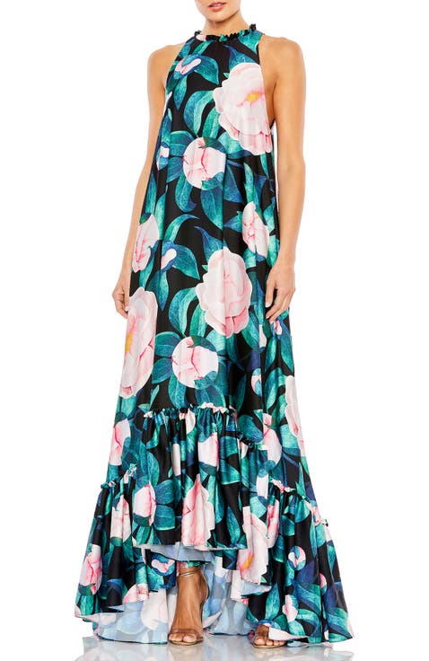 Sleeveless High Neck Floral Print High Low Maxi Dress