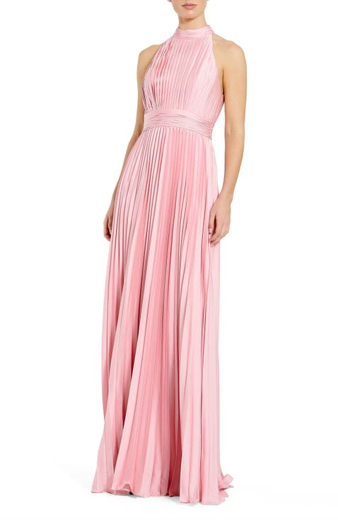 Pleated Sleeveless Halter Gown
