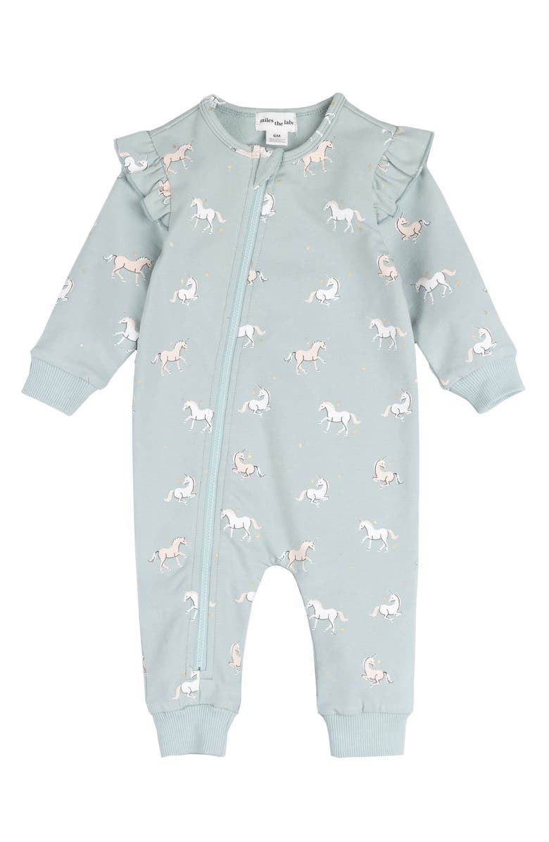 MILES THE LABEL Unicorn Print Cotton Ruffle Shoulder Romper, Main, color,