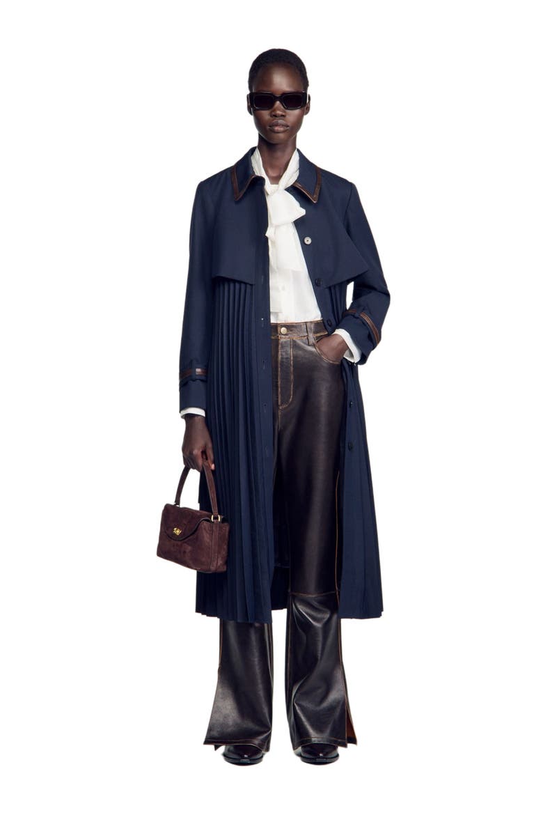 Trench with pleated leather collar, Alternate, color, Navy blue