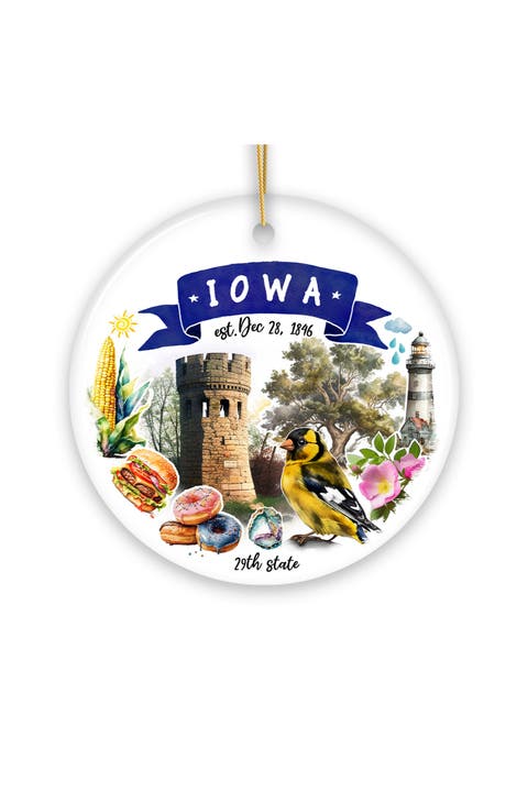 Iowa Landmarks And Goldfinch Ceramic Ornament