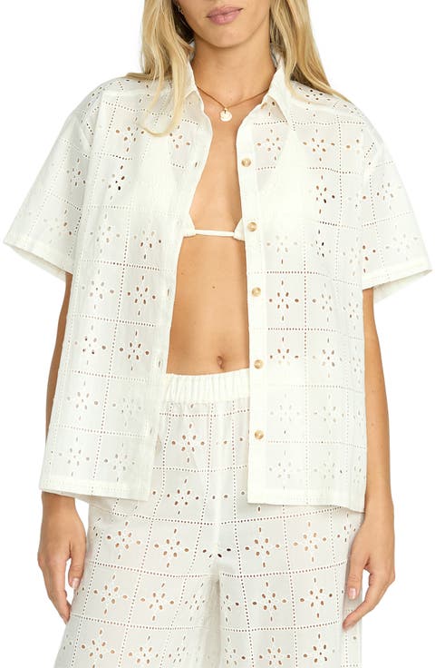 Eyelet Crush Button-Up Cover-Up Shirt