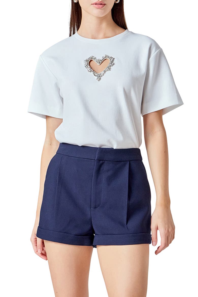 Rhinestone Trim Heart Cutout Relaxed Fit T-Shirt, Main, color, WHITE