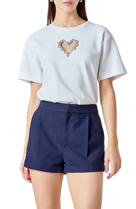 Rhinestone Trim Heart Cutout Relaxed Fit T-Shirt
