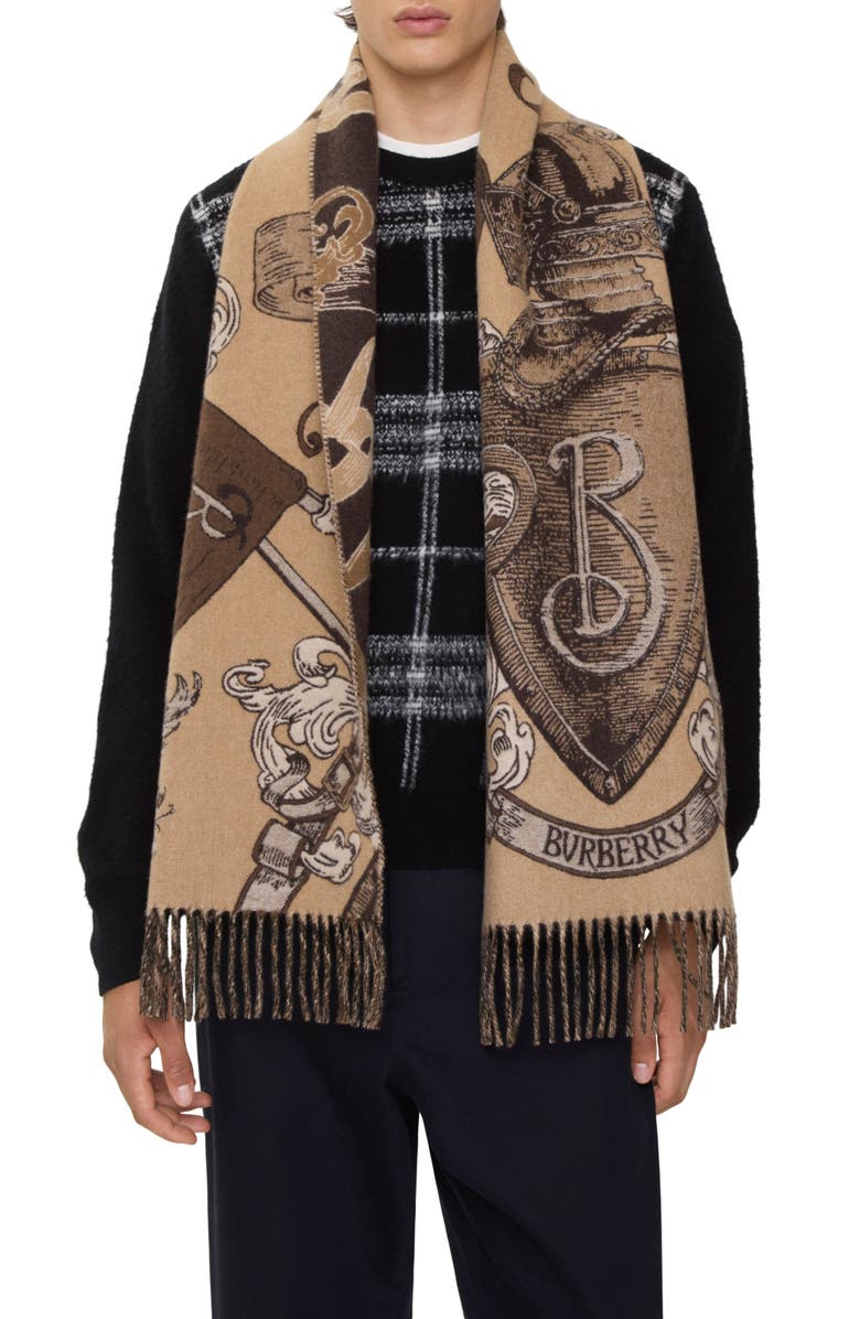 Burberry Etched Knight Cashmere Scarf, Alternate, color, Sand