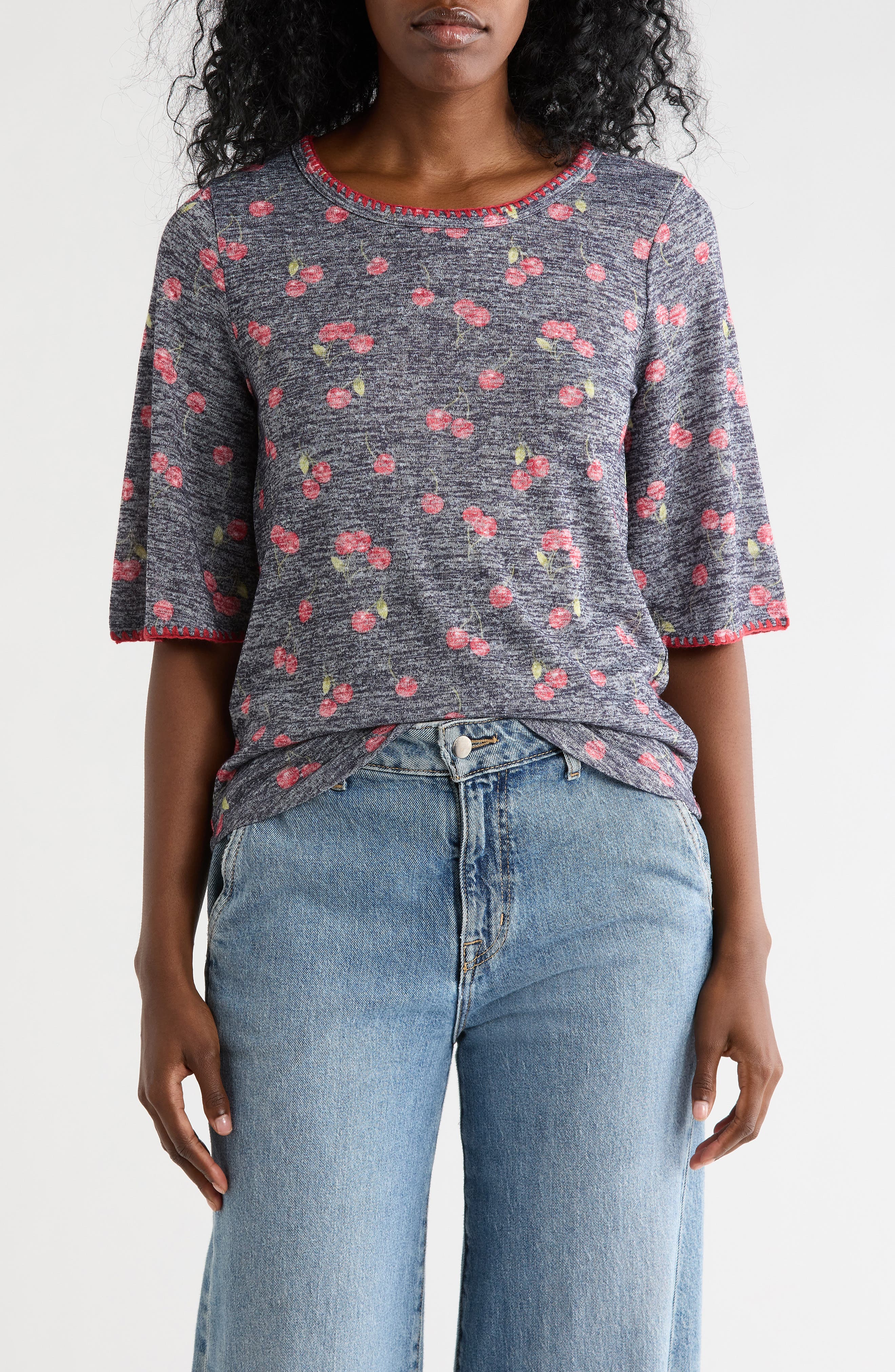 Bobeau Whipstitch Trim Print Knit Top