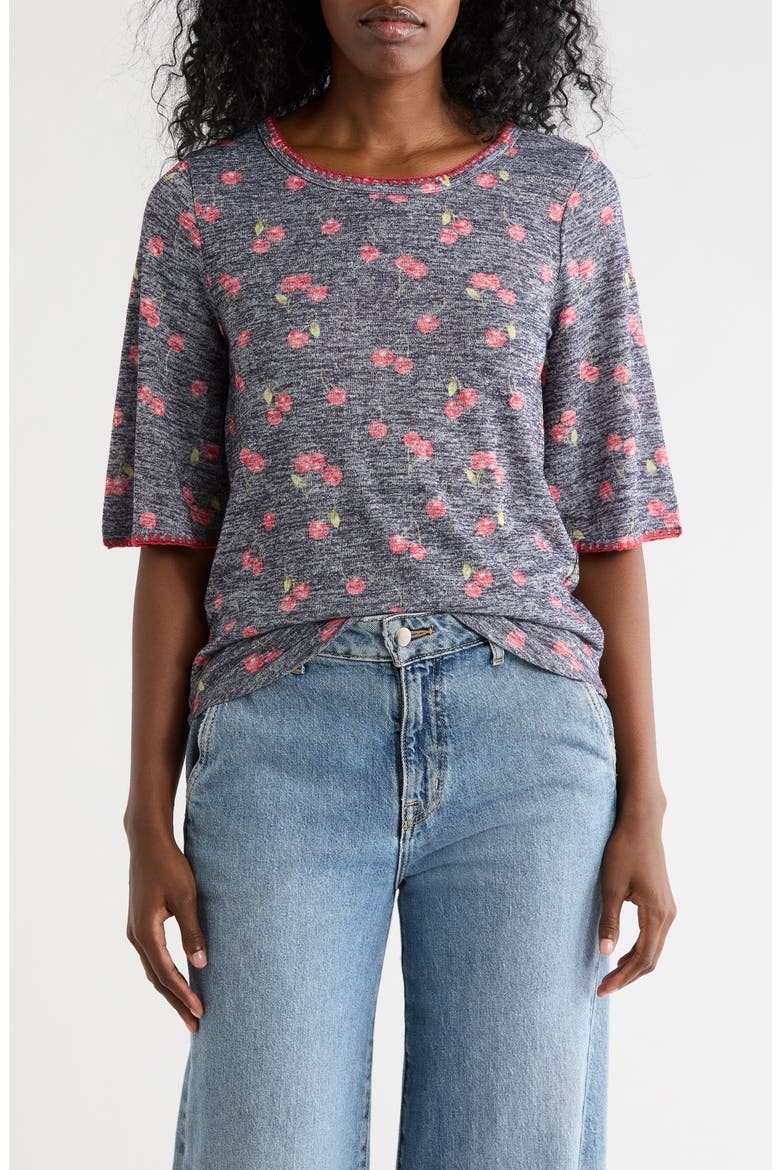 Whipstitch Trim Print Knit Top, Main, color, NAVY/RED CHERRIES