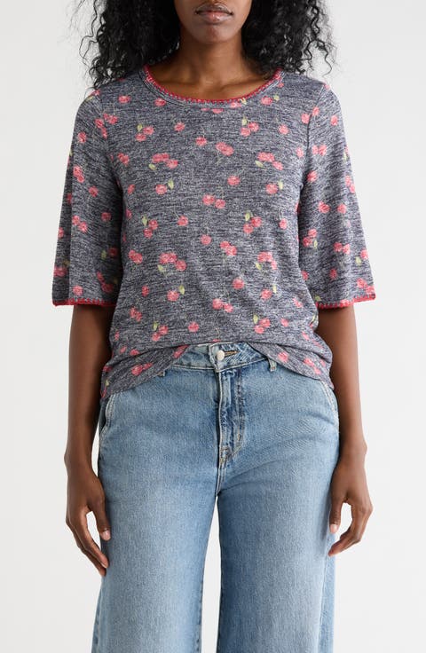 Whipstitch Trim Print Knit Top