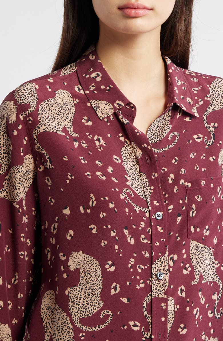 Rails Kate Jaguar Print Silk Button-Up Shirt, Alternate, color, Oxblood Leopard