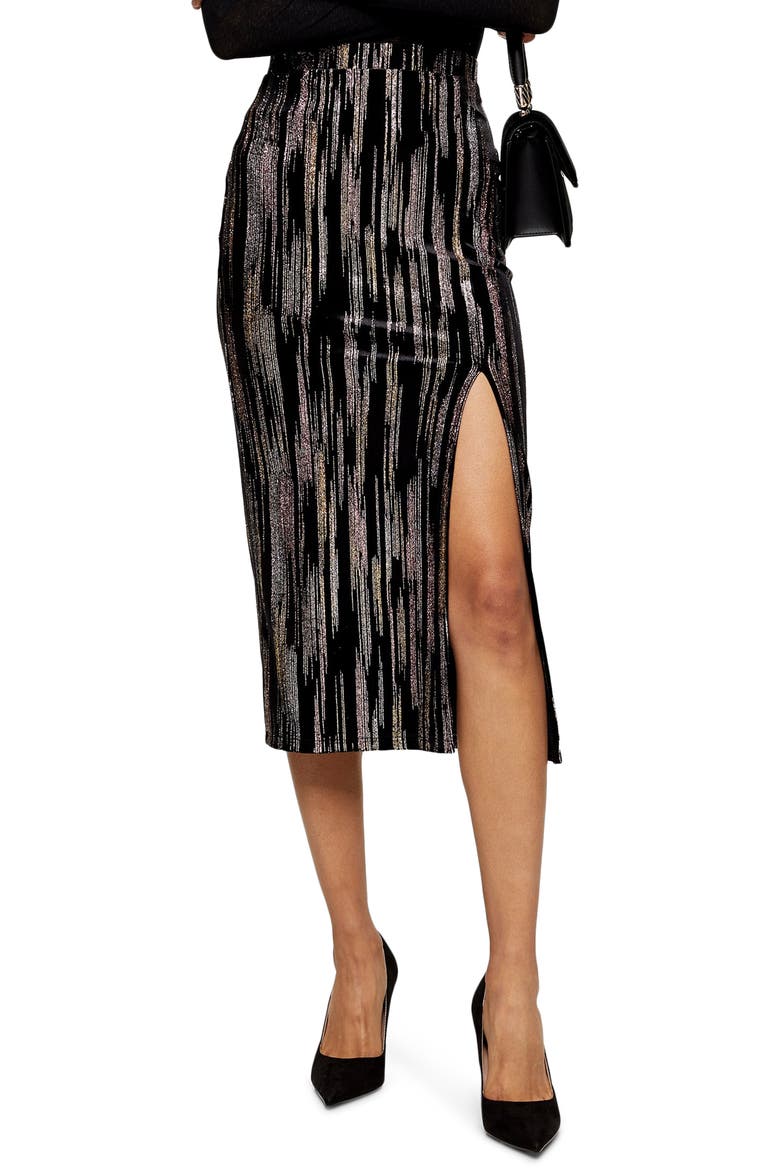 Velvet Glitter Midi Skirt, Main, color, BLACK