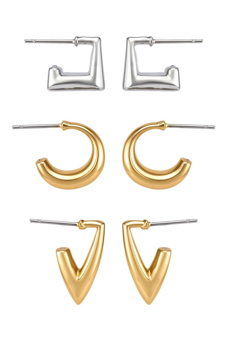 Set of 3 Two-Tone Geometric Hoop Earrings, Alternate, color, TWO TONE