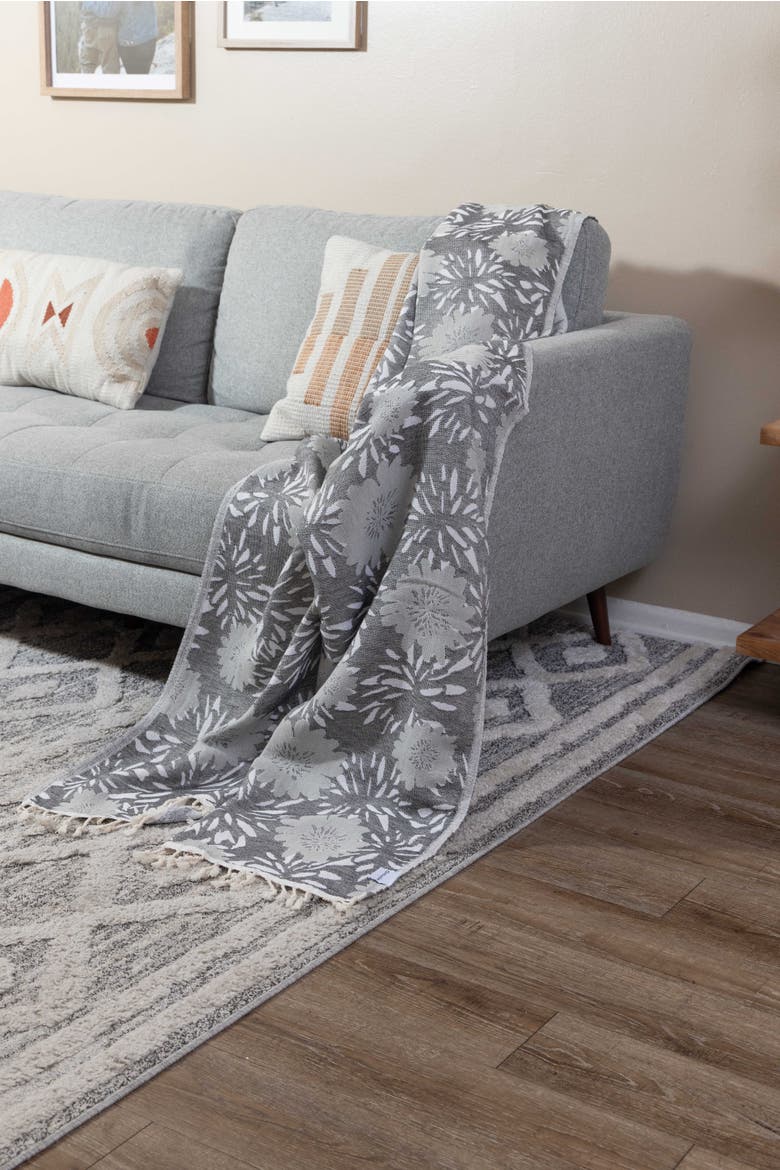 Flower Pop Organic Cotton Medium Weight Throw Blanket, Alternate, color, Black with Grey Flowers